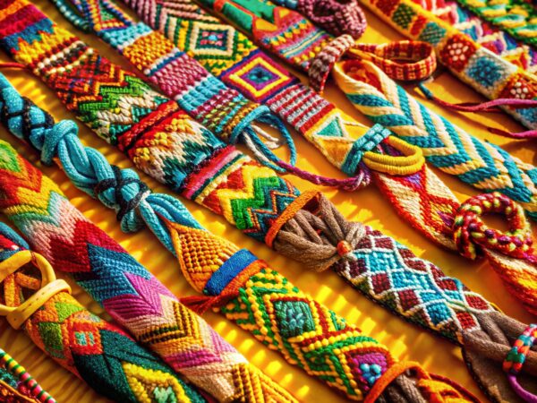 colorful friendship bracelet collection aerial view, summer crafts, woven friendship bands overhead shot