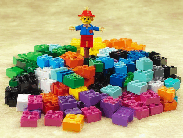 vogelvershrikker op een stapel legoblokken